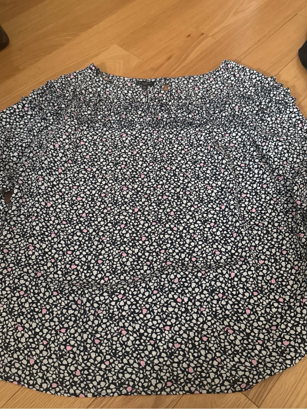 Talbots Navy Floral Smocked Neck Blouse
